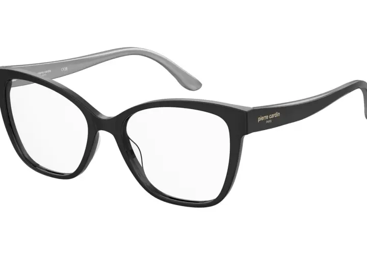 Eleganckie okulary korekcyjne Pierre Cardin w czarnej oprawie z szarymi zausznikami.