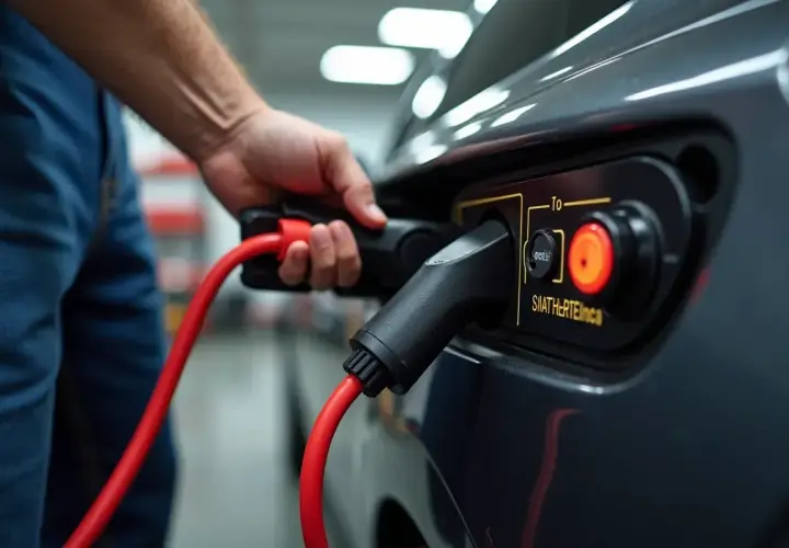 Ręka podłącza ładowarkę do samochodu elektrycznego, by naładować akumulator rozładowany do zera.