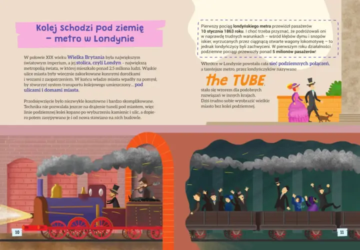 Ilustracja przedstawia parowy pociąg, symbolizujący początki napędu pojazdów szynowych w Londynie.