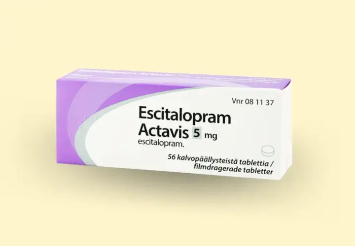 Opakowanie leku Escitalopram Actavis 5 mg, zawierające 56 tabletek. To lek, który może pomóc w leczeniu depresji, podobnie jak Mozarin.