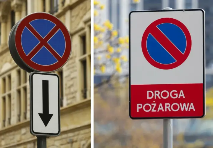 Dwa znaki: okrągły z niebieskim polem i czerwonym krzyżem (zakaz postoju) ze strzałką w dół oraz prostokątny z napisem "DROGA POŻAROWA" i symbolem zakazu zatrzymywania.