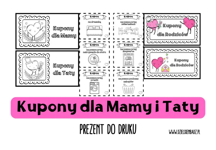 Zestaw kuponów dla mamy i taty do druku. Zawiera kupony na pomoc w obowiązkach domowych, opiekę nad zwierzakami i inne.