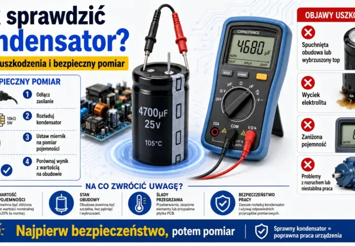 Jak sprawdzić kondensator? Obraz pokazuje instrukcję krok po kroku, jak bezpiecznie zmierzyć pojemność kondensatora za pomocą multimetru, a także objawy jego uszkodzenia.
