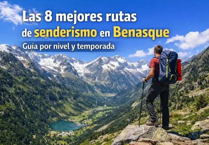 Un excursionista contempla un valle alpino con un lago y picos nevados, listo para explorar las mejores rutas de senderismo en Benasque.