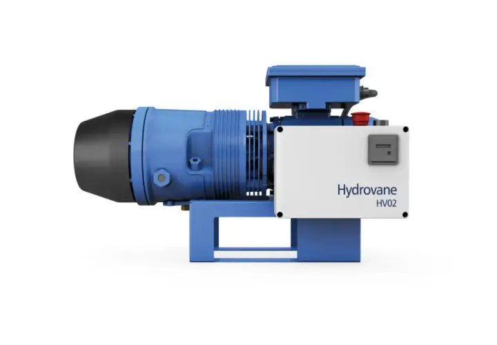 Compresor Hydrovane HV02, unidad compacta azul y blanca con motor y panel de control.