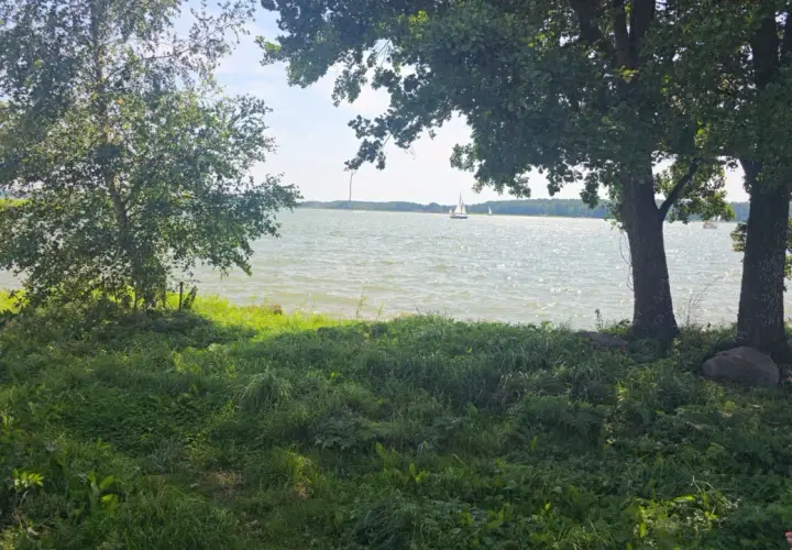 Idealne miejsce pod przyczepę kempingową nad jeziorem. Słońce odbija się od fal, żaglówki płyną po wodzie, a drzewa dają cień.
