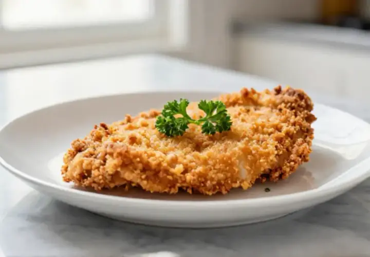 Escalope milanaise dorée et croustillante, garnie d'une touche de persil frais, prête à être dégustée.
