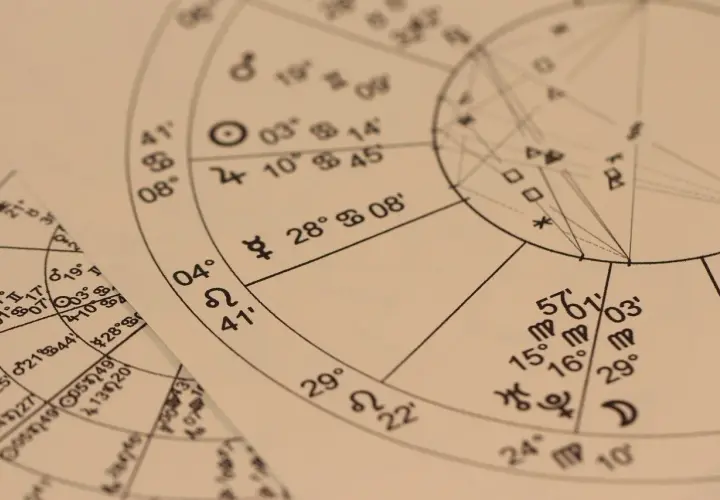 Zbliżenie na papier z wykresem astrologicznym, symbolami i liczbami. Może to być horoskop anielski na jutro.
