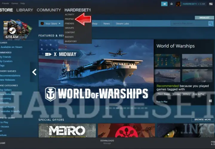 Gdzie jest link do profilu Steam? Kliknij na nazwę użytkownika, aby zobaczyć opcje, w tym profil.