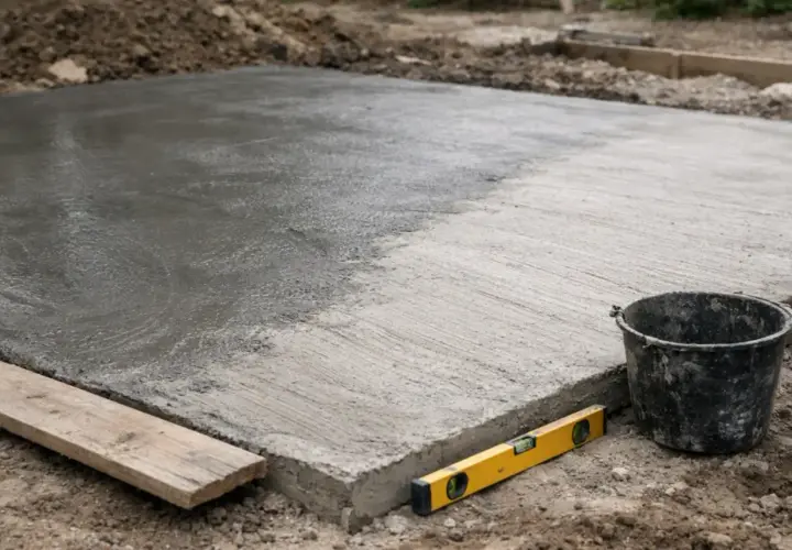 Świeżo wylany, mokry beton na placu budowy. Obok wiadro, poziomica i deska. Szybki beton to klucz do sprawnego postępu prac.