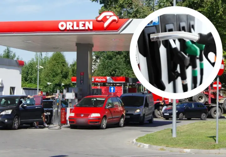 Orlen promocja na paliwo! Samochody tankują na stacji Orlen, a w kółku widać zbliżenie na dystrybutory.