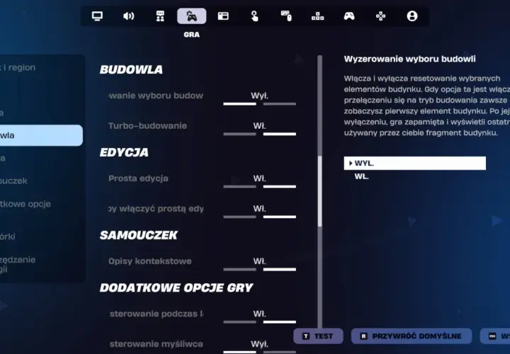 Ustawienia budowania w grze Fortnite na PlayStation. Możesz tu dostosować turbo-budowanie i edycję.