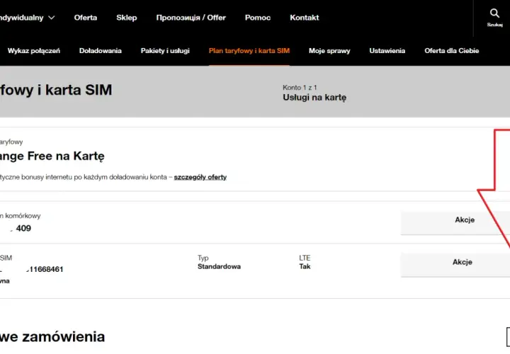 Na stronie Orange widać plan taryfowy "Orange Free na Kartę" oraz szczegóły karty SIM. Możliwe, że jest to duplikat karty SIM.