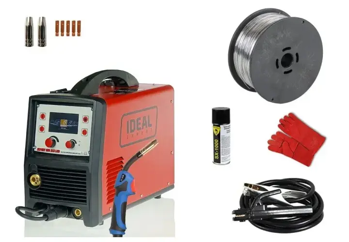 Spawarka IDEAL EXPERT z akcesoriami: drut, rękawice, spray. Powermat to firma oferująca sprzęt spawalniczy.