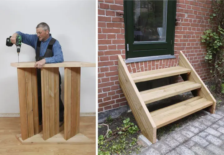 Man bygger en trappa utomhus. En färdigbyggd trappa leder upp till en dörr.