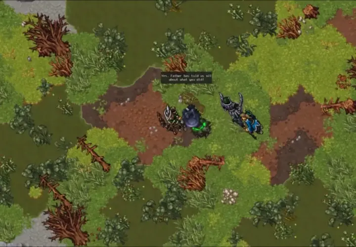 Postacie w darmowym mmorpg rozmawiają na leśnej polanie.