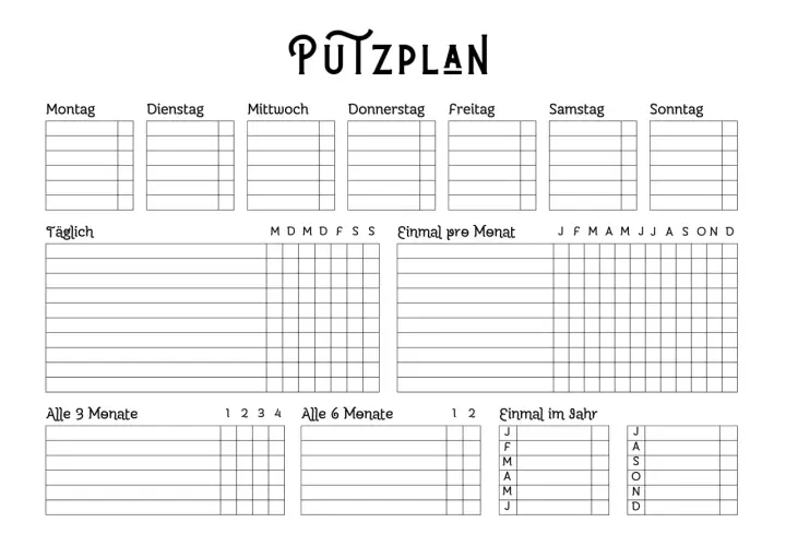 Eine Putzplan Vorlage zum Abhaken für tägliche, wöchentliche, monatliche und jährliche Aufgaben.