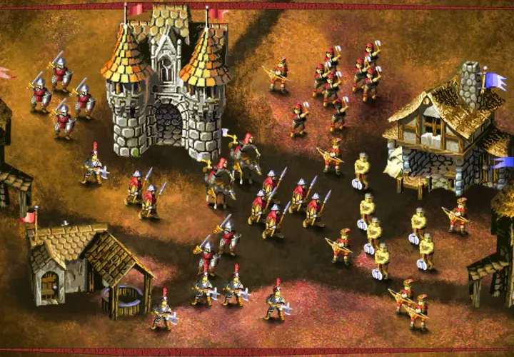 Scena z gry "Knights & Merchants: The Peasants Rebellion". Rycerze i chłopi szykują się do walki pod zamkiem i chatami.