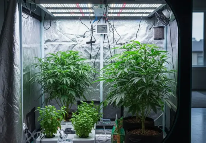 Tenda per coltivazioni indoor con piante rigogliose sotto luci LED. Un termometro digitale segna 39 gradi.