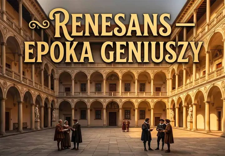 Renesans – epoka geniuszy. W renesansowym dziedzińcu artyści dyskutują o swoich dziełach, inspirując się pięknem architektury.