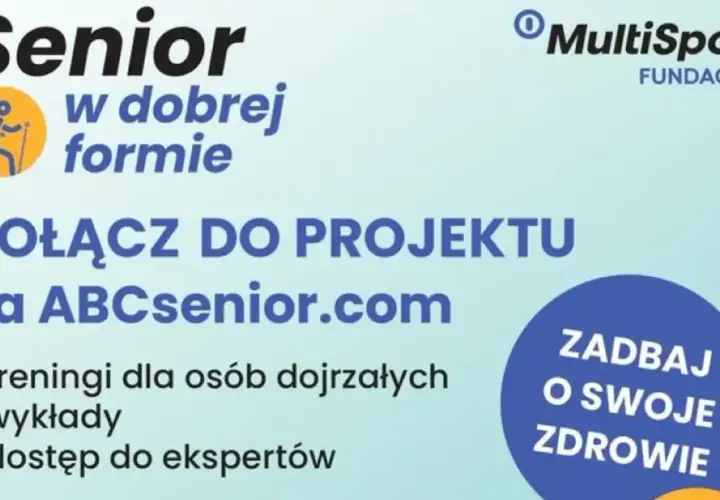 Grafika z napisem "Senior w dobrej formie", logo MultiSport i hasłem "Zadbaj o swoje zdrowie".