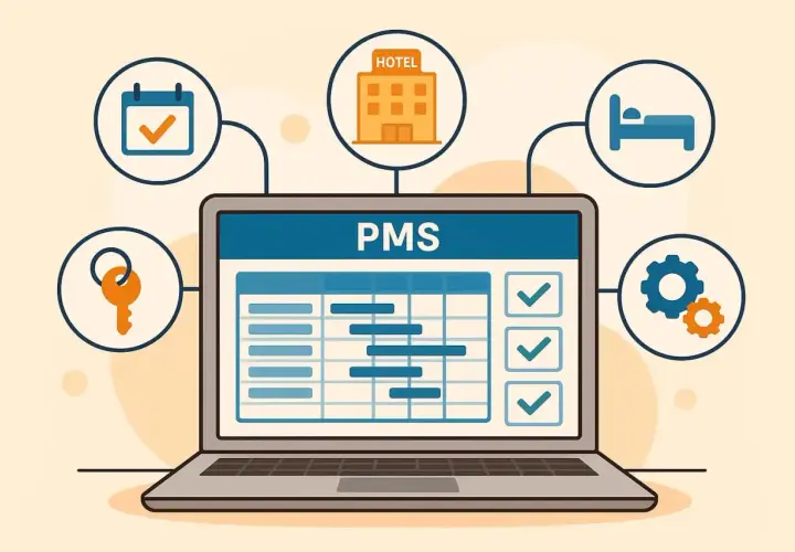 Un laptop mostra un diagramma di Gantt per la pianificazione di un hotel, con icone di calendario, chiave, letto e ingranaggi.