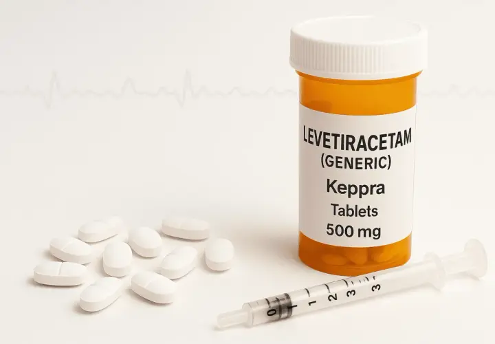Tabletki Levetiracetam (Keppra) 500 mg, strzykawka i garść tabletek. W tle linia EKG, symbolizująca troskę o zdrowie.