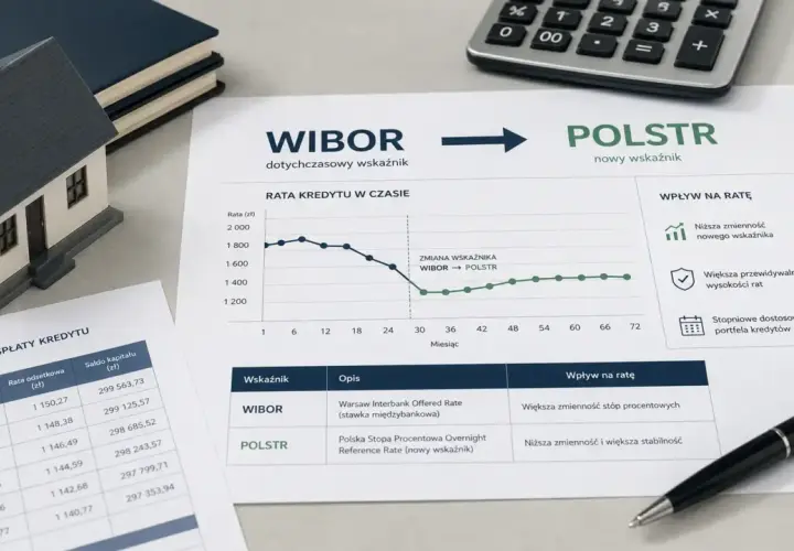 Wykres pokazuje zmianę raty kredytu z WIBOR na POLSTR. Kredyt hipoteczny z WIBOR był zmienny, nowy wskaźnik POLSTR zapewnia stabilność.