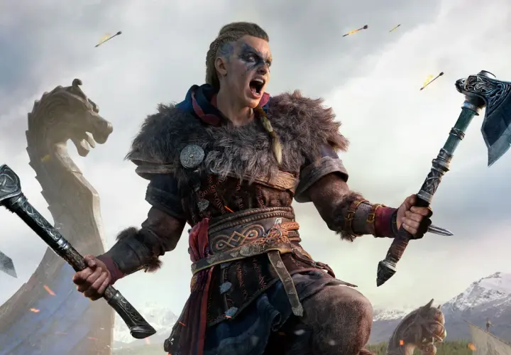 Wojowniczka z toporami w walce, tło z drakkarem i strzałami. Sprawdź wymagania Assassin's Creed Valhalla.