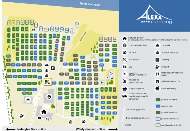 Mapa kempingu Alexa. Znajdź idealne miejsce na wakacje nad morzem. Sprawdź ceny i dostępność parceli.
