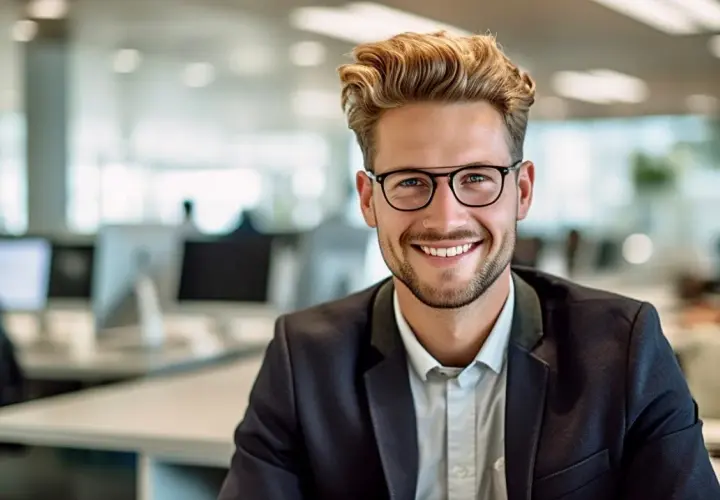 Ein junger Mann mit Brille und Bart lächelt in die Kamera. Er trägt einen Anzug und sitzt in einem Büro. Er könnte gerade mit 40 Jahren studieren und seine Karriere neu starten.
