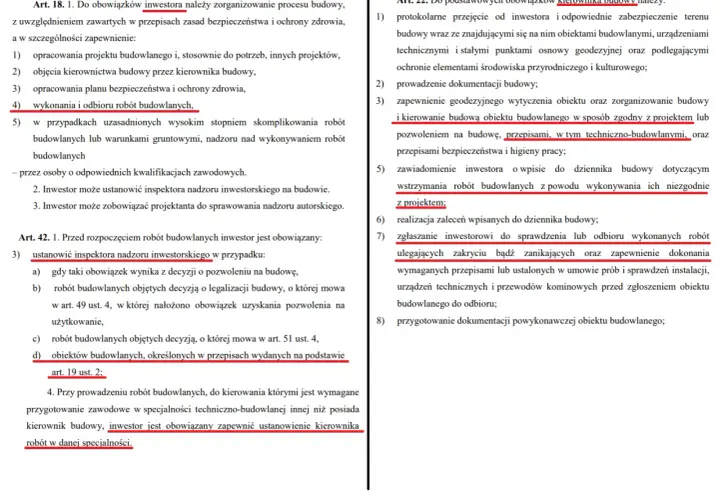 Fragment tekstu prawnego dotyczący obowiązków inwestora i kierownika budowy.