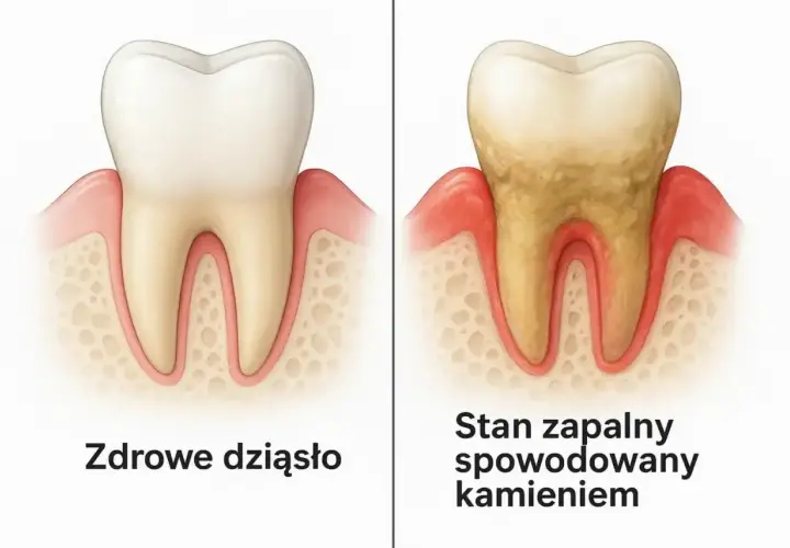 Zdrowe zęby vs. stan zapalny spowodowany kamieniem nazębnym, który prowadzi do próchnicy.