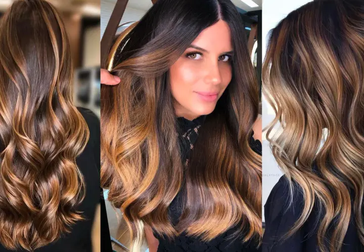 Cabello castaño con reflejos que imitan el tinte color miel o caramelo, creando un efecto balayage natural y luminoso.