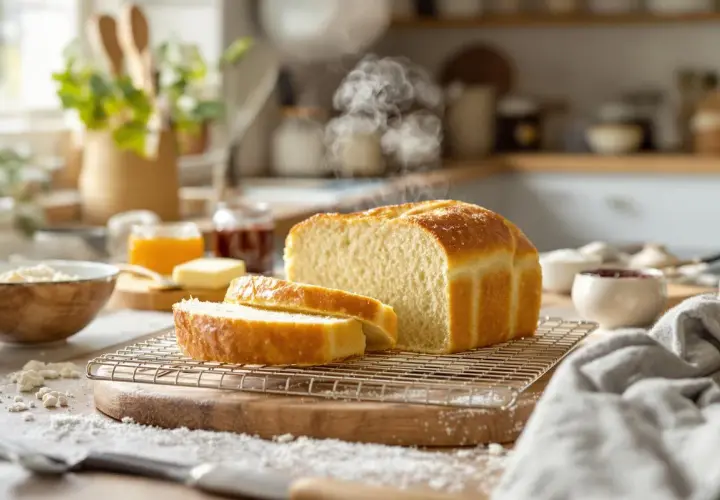 Un pain de mie doré et moelleux, encore chaud, est tranché sur une grille. Des pots de confiture et du beurre sont à proximité, prêts pour un petit-déjeuner gourmand.