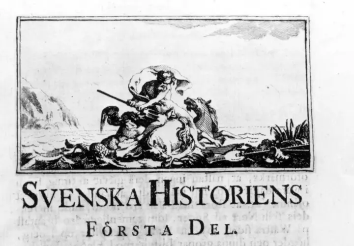 En mytisk scen med en havsgud på en häst som drar en vagn över vågorna, symboliserande Svea rikes historia.
