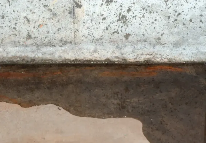 Wasser steht auf der Bodenplatte, ein Zeichen für einen hohen Grundwasserspiegel. Rostige Spuren deuten auf Feuchtigkeit hin.