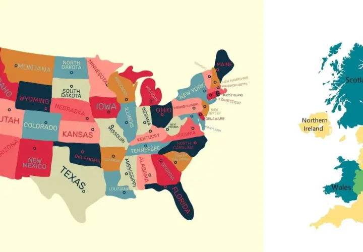 Mapa USA i Wielkiej Brytanii. Na mapie Wielkiej Brytanii widać Szkocję, Walię, Anglię i Irlandię Północną, pokazując gdzie leży Wielka Brytania.