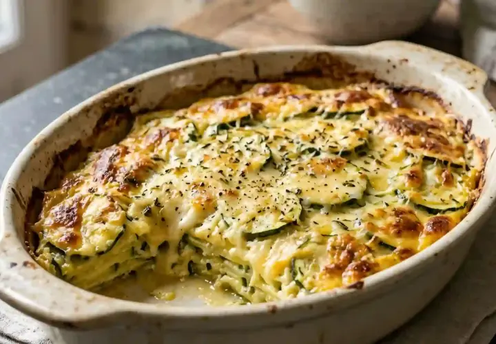 Un gratin de courgettes doré et crémeux, garni d'herbes, sort du four. Un délice à partager.