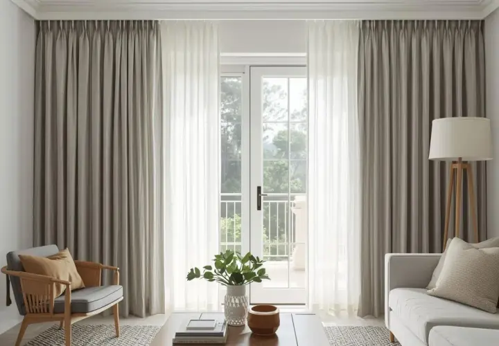 Elegant living room with floor-to-ceiling eyelet curtains framing a glass door, creating a soft, layered look.