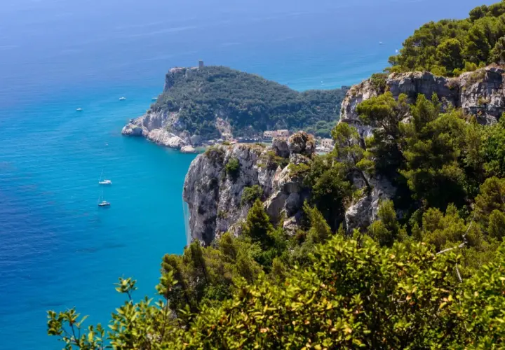 A stunning view of the Ligurian coast, with dramatic cliffs, lush green trees, and boats sailing on the turquoise sea.