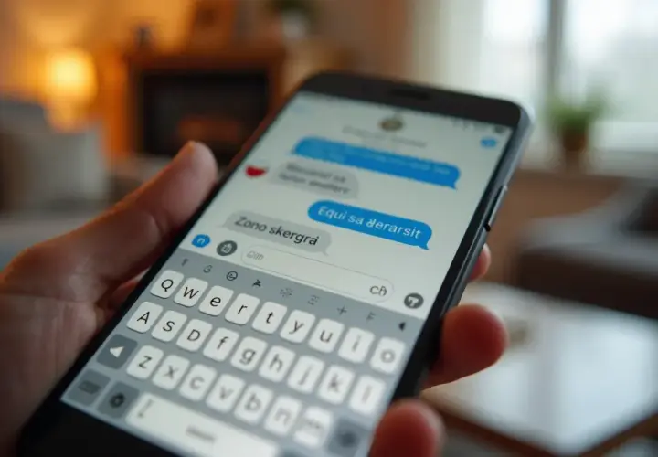 Dłoń trzyma smartfon z otwartą aplikacją SMS. Na ekranie widać okno czatu, a pod nim klawiaturę. To dobry przykład, jak ustawić polskie znaki w SMS.
