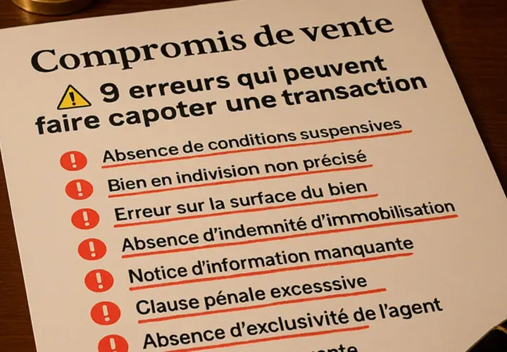 Liste des 9 erreurs à éviter pour un compromis de vente entre particuliers. Attention aux clauses suspensives, à l'indivision, à la surface, etc.