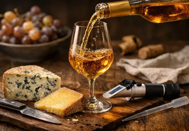 Vin doré versé dans un verre, accompagné de fromages et de raisins. Un réfractomètre suggère la mesure des coteaux du Layon sec ou moelleux.
