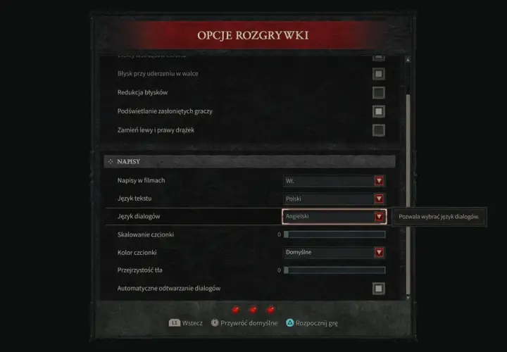 Ustawienia gry Diablo 4: język dialogów wybrany na angielski, choć polski dubbing jest dostępny.