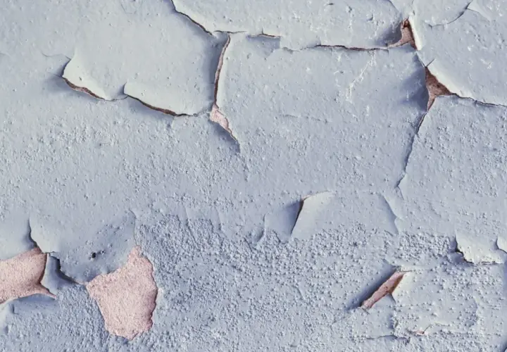 Texture d'une peinture qui s'écaille, révélant la texture rugueuse du mur sous-jacent, témoignant de l'humidité.