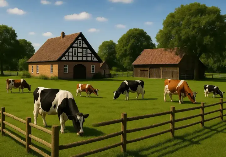 Kühe grasen auf einer grünen Wiese vor einem Fachwerkhof und einer Scheune. Idylle der **altenteiler landwirtschaft**.