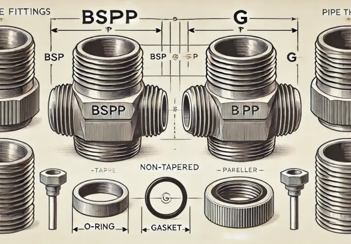 Detalle de accesorios de tubería, incluyendo un acoplador BSPP y un acoplador G, con medidas y componentes como juntas y o-rings.