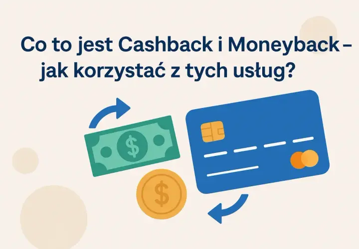 Czy cashback jest bezpieczny? Grafika pokazuje kartę płatniczą, banknot i monetę, symbolizując zwrot pieniędzy.