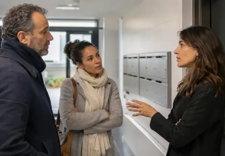 Un couple discute avec une voisine devant les boîtes aux lettres, visiblement un trouble anormal de voisinage.